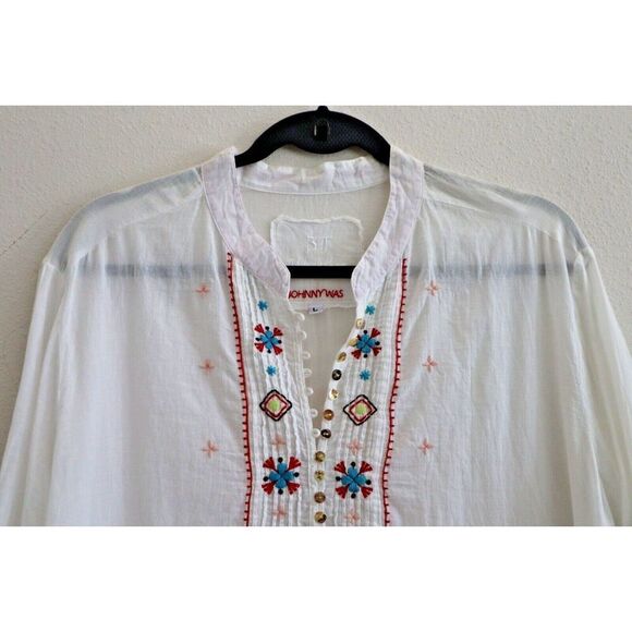 Johnny Was Women's Sz Large White 3J Workshop Embroidered Tunic Top - Picture 4 of 12